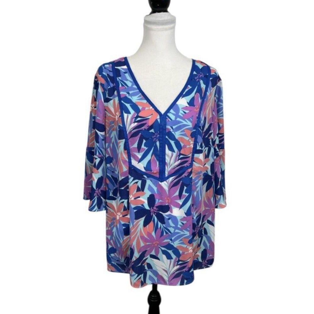 The Pioneer Woman Women's Blue Floral V-Neck Boho Blouse Tunic Top Plus Size XXL